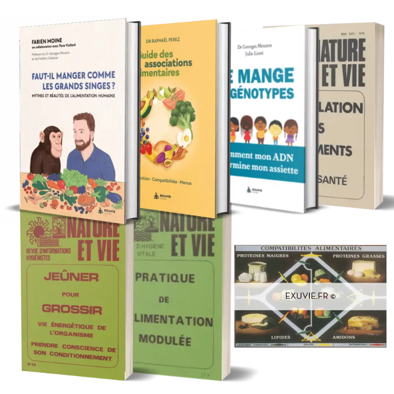 Coffret Nutrition Exuvie regroupant 3 ouvrages essentiels pour comprendre et améliorer votre alimentation, tout en respectant les principes de santé naturelle + 2 livrets exclusifs offerts + un tableaux des combinaisons alimentaires