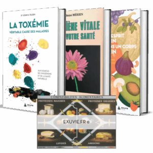 Coffret Hygiénisme Exuvie : les 3 textes fondamentaux de l'hygiénisme par Tilden, Mérien et Le Madec, incluant en bonus un livret de recettes et un tableau des compatibilités alimentaires.