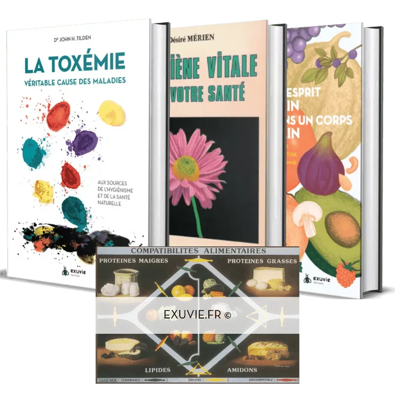 Coffret Hygiénisme Exuvie : les 3 textes fondamentaux de l'hygiénisme par Tilden, Mérien et Le Madec, incluant en bonus un livret de recettes et un tableau des compatibilités alimentaires.