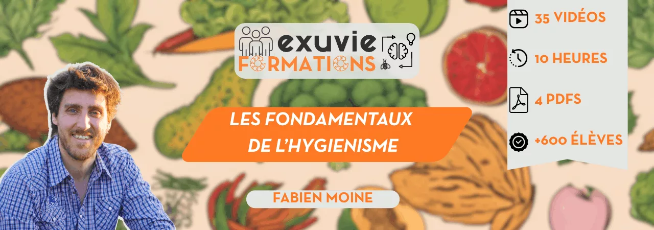 Bannière de la formation 'Les Fondamentaux de l'Hygiénisme' par Fabien Moine pour Exuvie Formations. Le visuel inclut 35 vidéos, 10 heures de cours, 4 PDFs et mentionne plus de 600 élèves.