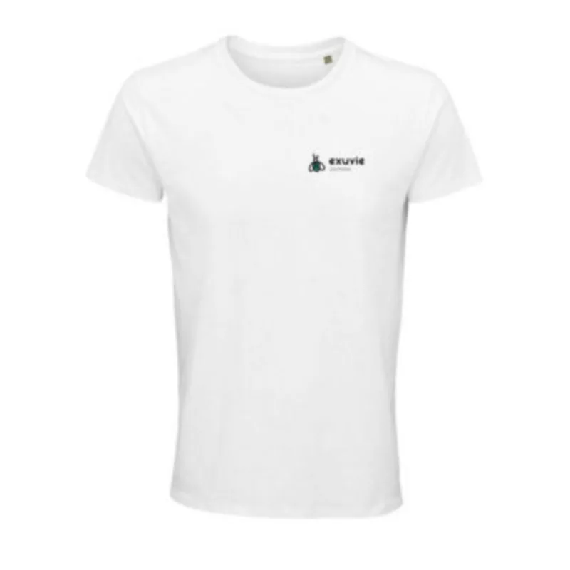 T-shirt blanc en coton avec le logo Exuvie Éditions brodé sur la poitrine