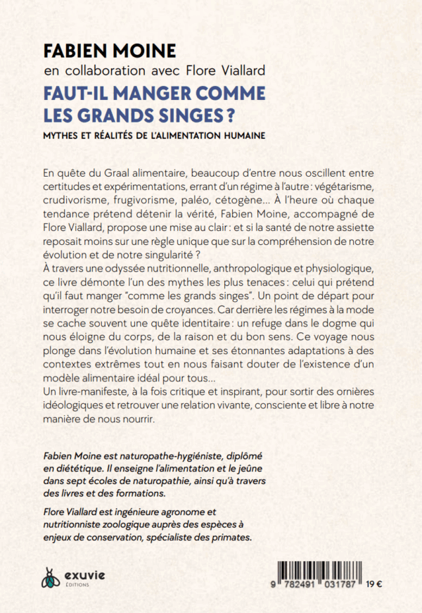 Capture d'écran 2025-08-27 105246 4e de couverture du livre ' Faut-il manger comme les grands singes ?' de Fabien MOINE