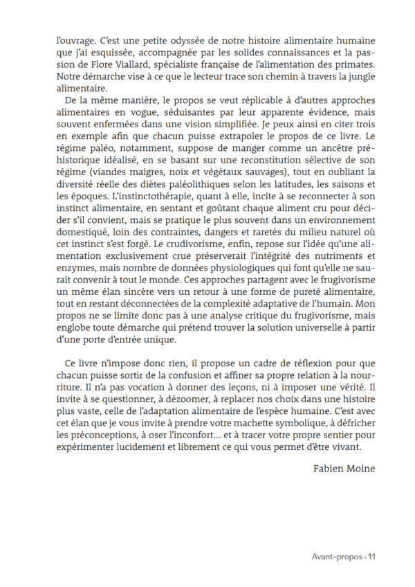 Capture d'écran 2025-09-02 163038 Page de l'avant-propos du livre 'Faut-il manger comme les grands singes ?' de Fabien Moine