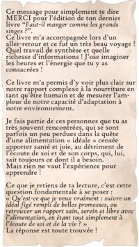 Capture d'écran d'un message de remerciement d'un lecteur adressé à Fabien Moine pour son livre 'Faut-il manger comme les grands singes ?'. Le texte souligne la qualité de la synthèse et la réflexion sur notre rapport complexe à l'alimentation.