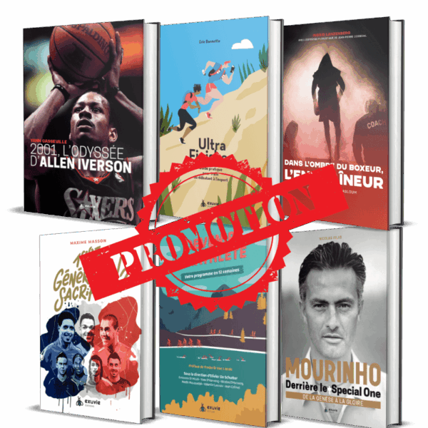 Sélection de livres de sport Exuvie Éditions en promotion, incluant des ouvrages sur Allen Iverson, l'Ultra-Trail, la boxe, le football avec Mourinho et la préparation d'athlètes.