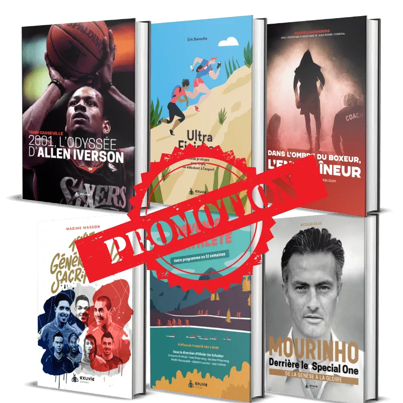 Sélection de livres de sport Exuvie Éditions en promotion, incluant des ouvrages sur Allen Iverson, l'Ultra-Trail, la boxe, le football avec Mourinho et la préparation d'athlètes.