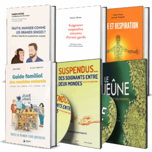 Sélection de produits Exuvie comprenant les livres 'Faut-il manger comme les grands singes ?', 'Soignants suspendus', 'Jeûne et respiration', 'Guide familial des remèdes naturels' et les DVD 'Suspendus' et 'Le Jeûne'.