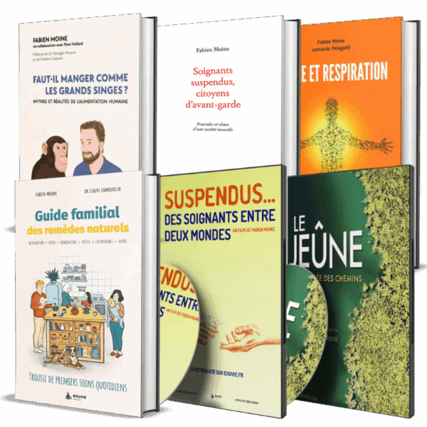 Sélection de produits Exuvie comprenant les livres 'Faut-il manger comme les grands singes ?', 'Soignants suspendus', 'Jeûne et respiration', 'Guide familial des remèdes naturels' et les DVD 'Suspendus' et 'Le Jeûne'.
