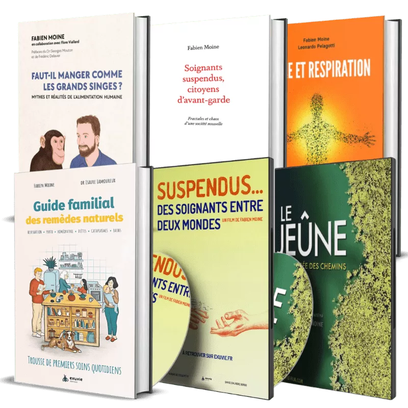 Sélection de produits Exuvie comprenant les livres 'Faut-il manger comme les grands singes ?', 'Soignants suspendus', 'Jeûne et respiration', 'Guide familial des remèdes naturels' et les DVD 'Suspendus' et 'Le Jeûne'.