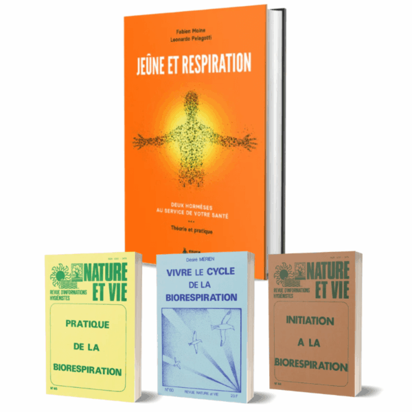 Coffret Biorespiration Exuvie comprenant le livre 'Jeûne et Respiration' de Fabien Moine et trois guides pratiques sur le cycle et l'initiation à la biorespiration.