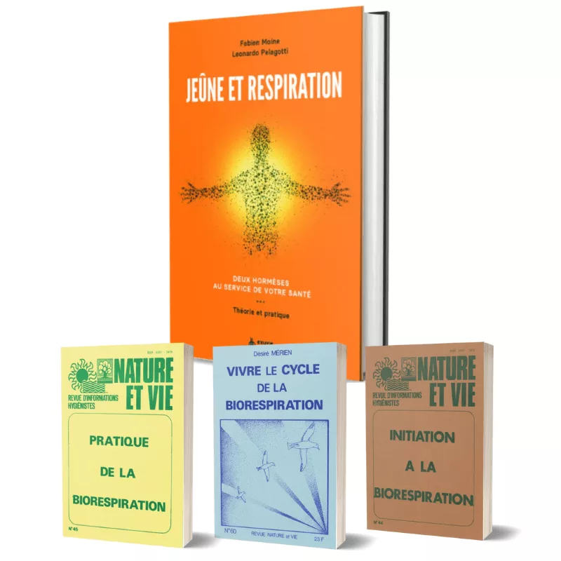 Coffret Biorespiration Exuvie comprenant le livre 'Jeûne et Respiration' de Fabien Moine et trois guides pratiques sur le cycle et l'initiation à la biorespiration.