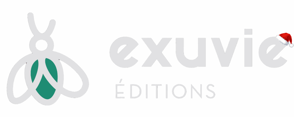 Logo Exuvie Éditions de Noël avec un bonnet sur la lettre 'e'.