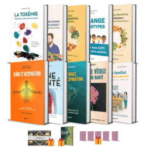 Coffret Naturopathe Exuvie : lot de 10 livres sur la santé naturelle, incluant 3 livrets de Désiré Mérien, le film sur le jeûne, un tableau des compatibilités et les frais de port offerts.