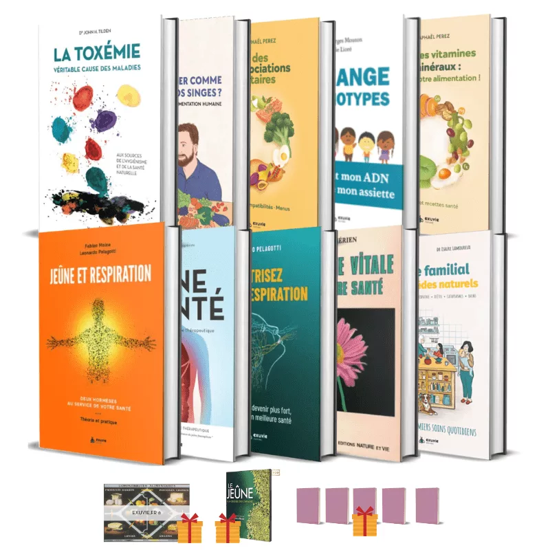 Coffret Naturopathe Exuvie : lot de 10 livres sur la santé naturelle, incluant 3 livrets de Désiré Mérien, le film sur le jeûne, un tableau des compatibilités et les frais de port offerts.