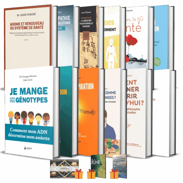 Coffret Santé Intégrative Exuvie : lot de 12 livres sur la santé naturelle, incluant les films sur le jeûne et l'homéopathie, un tableau des compatibilités alimentaires et les frais de port offerts.