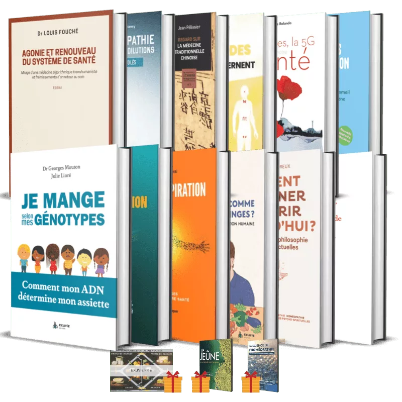 Coffret Santé Intégrative Exuvie : lot de 12 livres sur la santé naturelle, incluant les films sur le jeûne et l'homéopathie, un tableau des compatibilités alimentaires et les frais de port offerts.